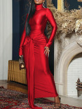 Women High-Neck Belted Long-Sleeved Maxi Dress