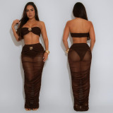 Women Sexy Strapless See-Through Mesh Top and Long Skirt Two-Piece Set