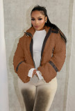 Women Casual Winter Fur Collar Patchwork Pu-Leather Coat