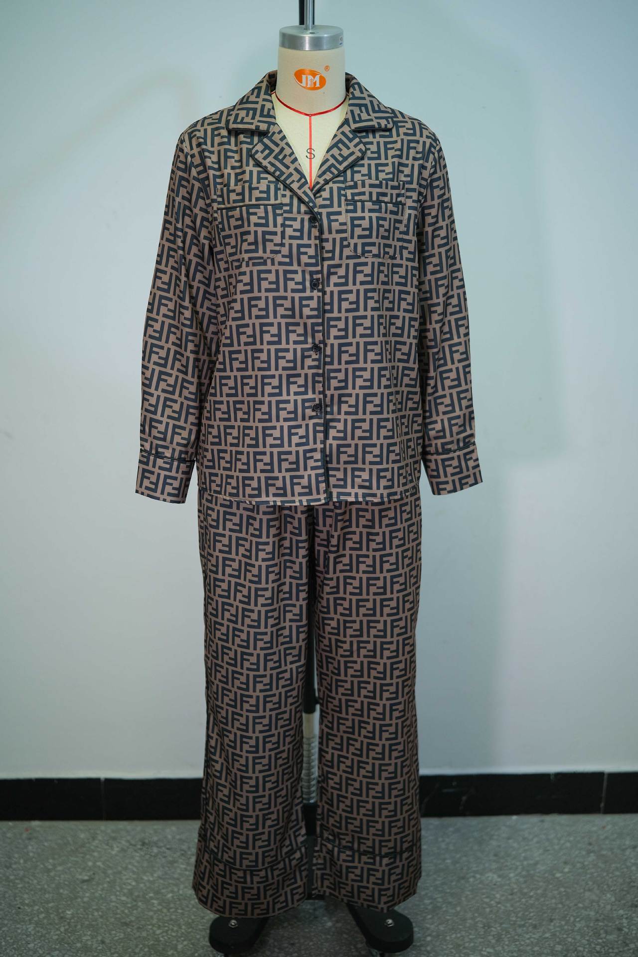 Women Autumn Casual Print Turndown Collar Top and Wide-Leg Pants Two-Piece Set