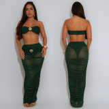 Women Sexy Strapless See-Through Mesh Top and Long Skirt Two-Piece Set