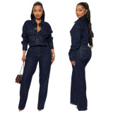Women Streetchy Long-Sleeved Denim Jumpsuit