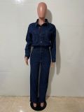 Women Streetchy Long-Sleeved Denim Jumpsuit