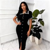 Women Color Block Lace Turndown Collar Knitting Bodycon Dress