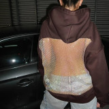 Women Autumn/Winter Sexy See-Through Mesh Patchwork Long-Sleeve Hoodies
