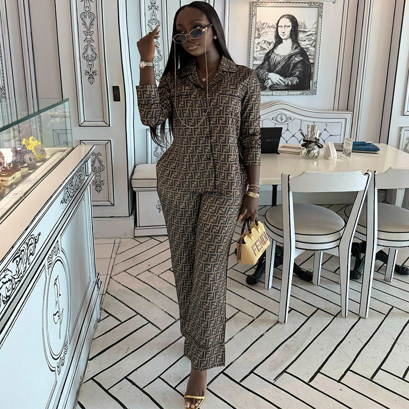 Women Autumn Casual Print Turndown Collar Top and Wide-Leg Pants Two-Piece Set