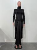 Women High-Neck Belted Long-Sleeved Maxi Dress