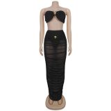 Women Sexy Strapless See-Through Mesh Top and Long Skirt Two-Piece Set