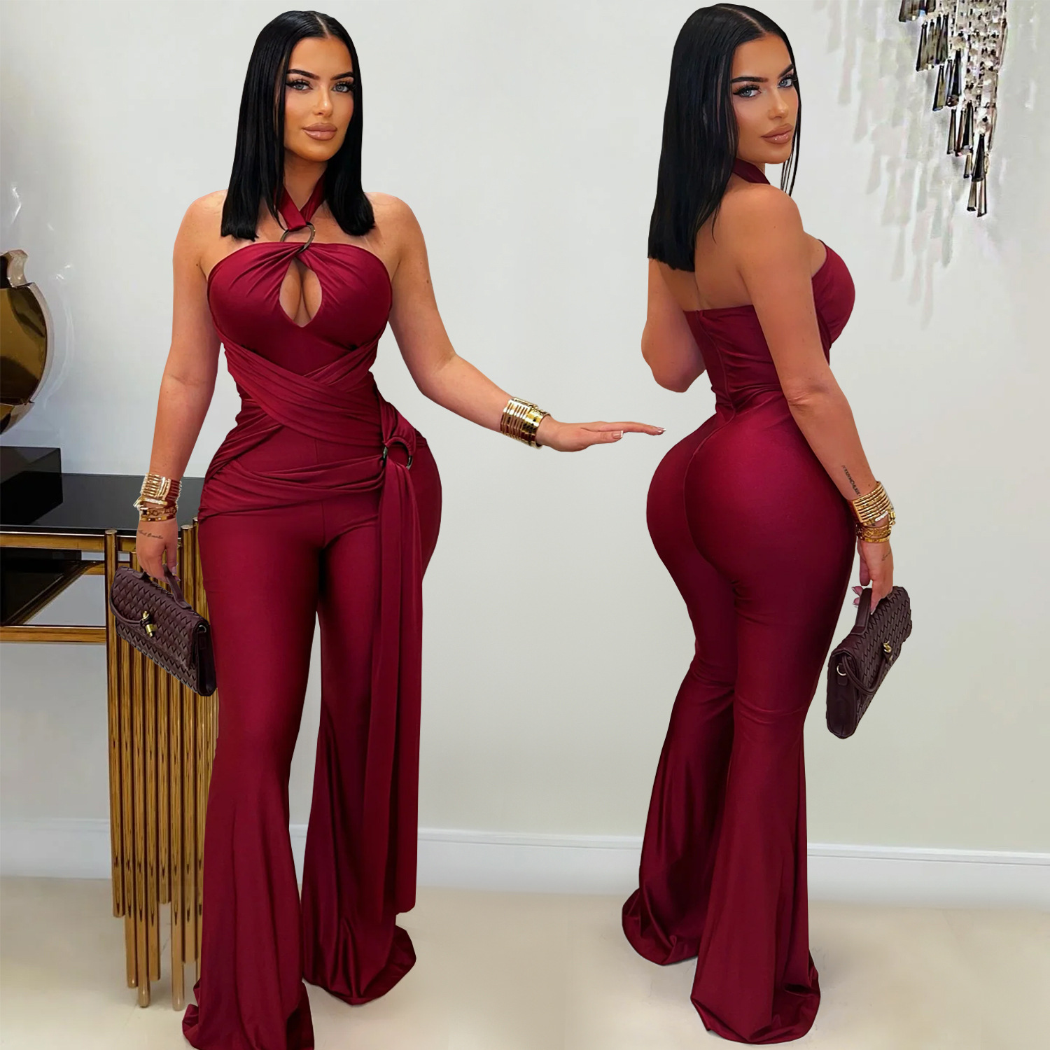 Solid Halter Neck Wide-Leg Jumpsuit for Casual Events