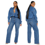 Women Streetchy Long-Sleeved Denim Jumpsuit