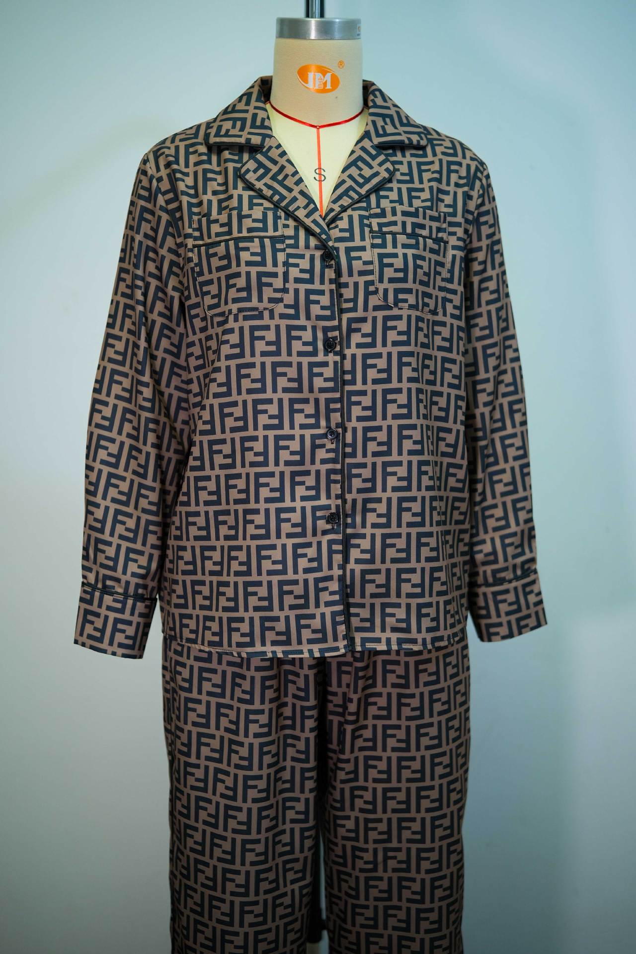 Women Autumn Casual Print Turndown Collar Top and Wide-Leg Pants Two-Piece Set