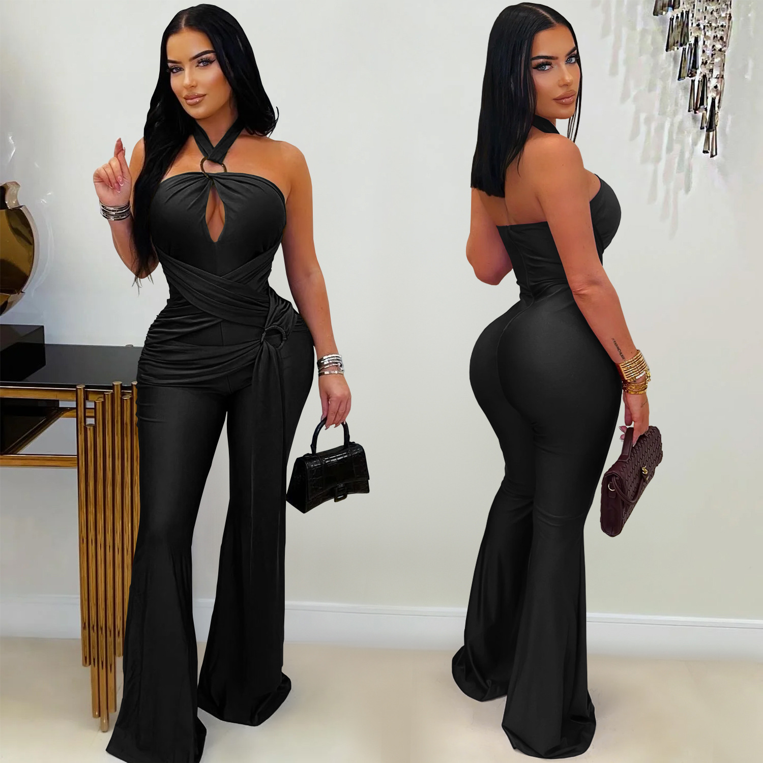 Solid Halter Neck Wide-Leg Jumpsuit for Casual Events