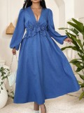 Women's V-Neck Slim Waist Blue Ruffle Plus Size Dress