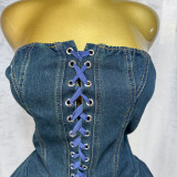 Summer Sexy Fashion Strapless Lace-Up Denim Cargo Wide-Leg Shorts Jumpsuit