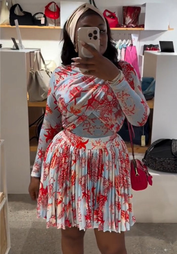 Fall Women's Print Long-Sleeve Pleated Skirt Set