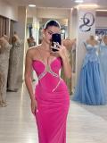 Deep V-Neck Slit Long Crystal Rhinestone Bandage Evening Gown