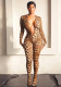 Fall-Winter Women's Leopard Print Deep V-Neck Low Back Elastic Jumpsuit