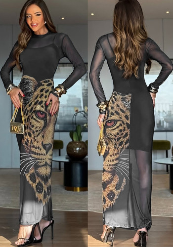 Fashion Women's Sexy Beaded Mesh Printed Dress Set