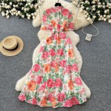 Women's Retro Stand Collar Button-Down Slim Fit Short Sleeve Lace Crochet Long Dress