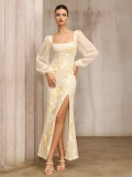 Fall Women's Fashion Embroidered Square Neck Slit Formal Party Dress