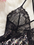 Women's Lace Floral Print Sexy Strap Nightdress with Panty