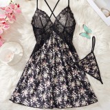 Women's Lace Floral Print Sexy Strap Nightdress with Panty