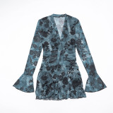 Fall Women's Printed Mesh Halter Neck Lace-Up Long-Sleeve Short Dress