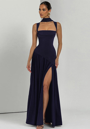 Winter Women's Fashion Chic Strap Slit Solid Color Dress