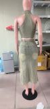 Turn Down Collar Distressed Denim Halter Top Slit Skirt Set