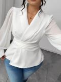 Women's Fashion White Long-Sleeve Slim Waist Plus Size Shirt