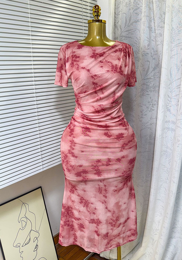 Summer Print Ruffle Round Neck Short Sleeve Mermaid Bodycon Dress