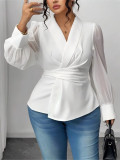 Women's Fashion White Long-Sleeve Slim Waist Plus Size Shirt