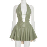 Fall Women's Sexy Faux Leather Metal Decor Halter Neck Low Back Dress
