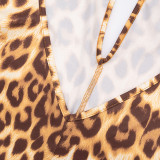 Fall-Winter Women's Leopard Print Deep V-Neck Low Back Elastic Jumpsuit