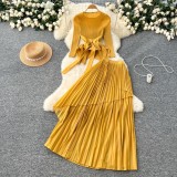 Women's Ruffle Tie Waist Asymmetric Hem Pleated Top Skirt Set