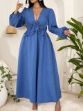 Women's V-Neck Slim Waist Blue Ruffle Plus Size Dress