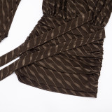 Fall Women's Fashion Wave Pattern Sexy Deep V-Neck Bell Sleeve Bodycon Dress