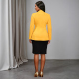 Women's Turndown Collar Floral Slim Waist Long-Sleeve Elegant Bodycon Party Gown Two-Piece Set