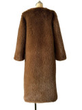Fall-Winter Women's Fashion V-Neck Long Faux Fur Warm Plush Coat