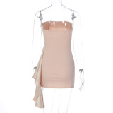 Fall Women's Chic Satin Patchwork Strapless Ruffle Bodycon Dress