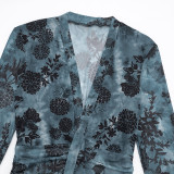 Fall Women's Printed Mesh Halter Neck Lace-Up Long-Sleeve Short Dress