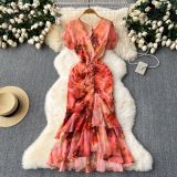 Women's Chic Ruffle Drawstring Slim Waist Slim Fit Print Bodycon Mermaid Gown