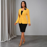 Women's Turndown Collar Floral Slim Waist Long-Sleeve Elegant Bodycon Party Gown Two-Piece Set