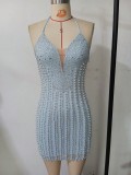 Fashion Women's Party Club Style Mesh Beaded Rhinestone Strap Bodycon Dress