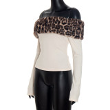 Fall Women's Sexy Leopard Print Patchwork Off-Shoulder Long-Sleeve Top