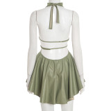 Fall Women's Sexy Faux Leather Metal Decor Halter Neck Low Back Dress