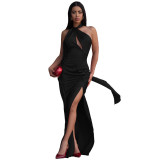 Summer Women's Sexy Halter Neck Low Back Slim Waist Slit Long Dress