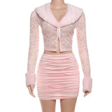 Fall-Winter Women's Sexy Plush Patchwork Lace Long-Sleeve Ruffled Skirt Set