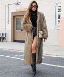 Fall-Winter Women's Fashion V-Neck Long Faux Fur Warm Plush Coat