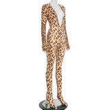 Fall-Winter Women's Leopard Print Deep V-Neck Low Back Elastic Jumpsuit